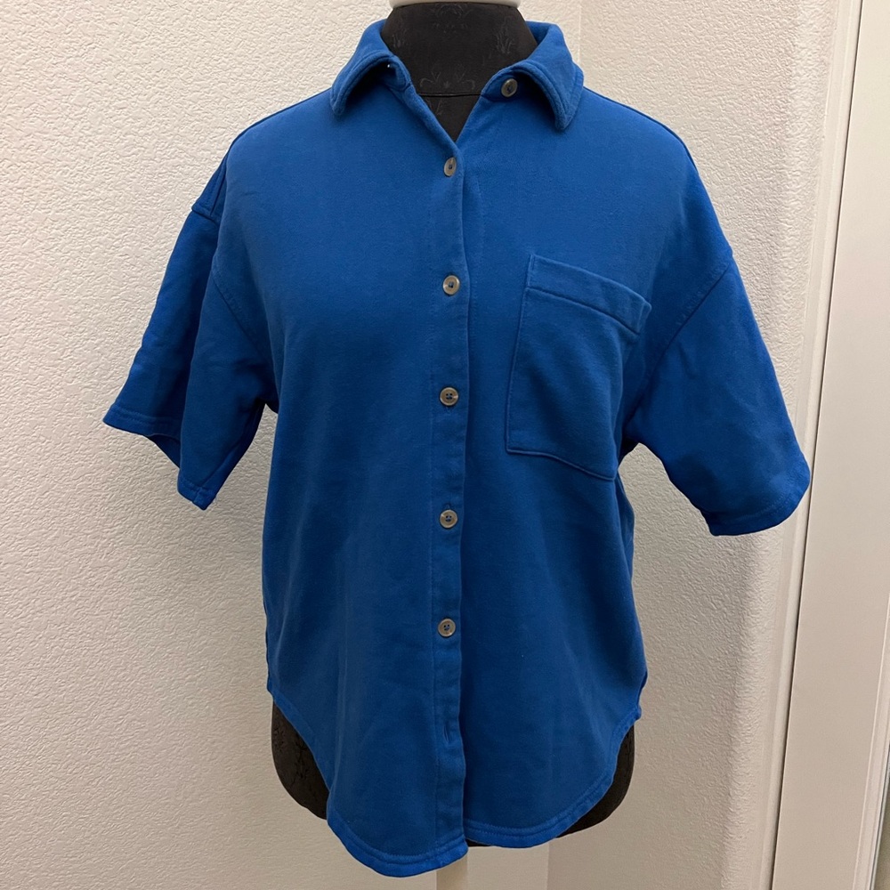 Oak + Fort Short Sleeve Button Up Collared Boxy Fit Blouse Size Small